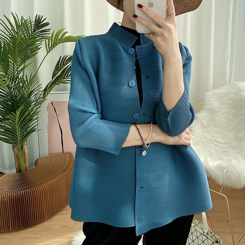 Miyake เสื้อผ้าจีบแจ็คเก็ตขนาดเล็กผู้หญิงฤดูใบไม้ผลิฤดูร้อน Classy หลวม Stand-Up Collar สีทึบ All-Match Slimmer ดูคาร์ดิแกนด้านบน