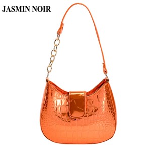 Jasmin NOIR สิทธิบัตร หนังจระเข้ ลายผู้หญิง กระเป๋าสะพายไหล่ โซ่ กระเป๋าสะพายข้าง กระเป๋าถือ