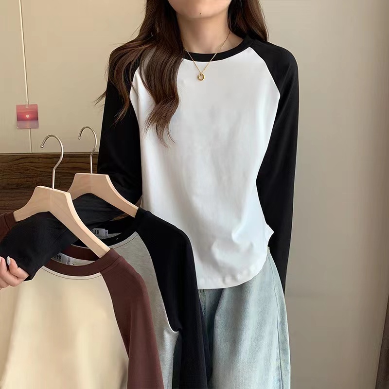 เสื้อยืด ผ้ายืด แขนยาว คอกลม ทรงสลิมฟิต สีพื้น แฟชั่นฤดูใบไม้ร่วง สําหรับสตรี