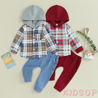 Kidsup1- เสื้อแขนยาว มีฮู้ด ลายสก๊อต และกางเกงขายาว สีพื้น สําหรับเด็กผู้ชาย 2 ชิ้น