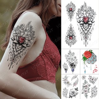 Henna สติกเกอร์รอยสักชั่วคราว ลายดอกกุหลาบ ดอกโบตั๋น 3D กันน้ํา คุณภาพสูง สําหรับผู้ชาย และผู้หญิง