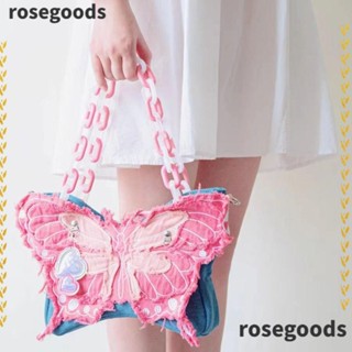 Rosegoods1 กระเป๋าถือ กระเป๋าสะพายไหล่ ผ้ายีน ทรงโท้ท ความจุเยอะ ลายผีเสื้อ พร้อมสายโซ่คล้อง แฟชั่นสําหรับสตรี