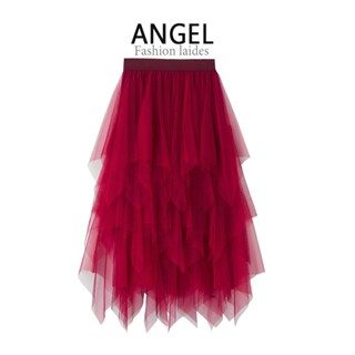 [10 สี] ANGEL แฟชั่นผู้หญิง midi กระโปรงตาข่ายสีทึบ เกาหลี ยืดหยุ่น เอวสูง ทรงเอ สีขาว บาง ขนาดใหญ่ แกว่ง ไม่สม่ําเสมอ กระโปรงลูกไม้ทูตูเค้กยาว สําหรับผู้หญิง