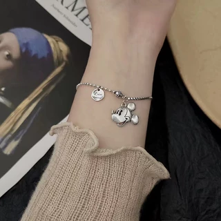 S925 Mickey Mouse Female Retro Old European and American Student Mouse Head Bracelet Cartoon Asymmetric Korean Fashion Hip Hop Trendy Jewelry
