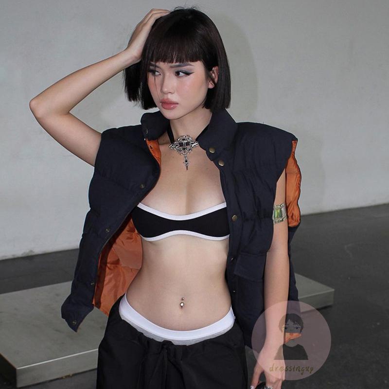 Dre-ผู้หญิงแขนกุดฤดูร้อนสบายๆสีตัดกันเสื้อครอปเปลือยสําหรับstreetwear Clubwear