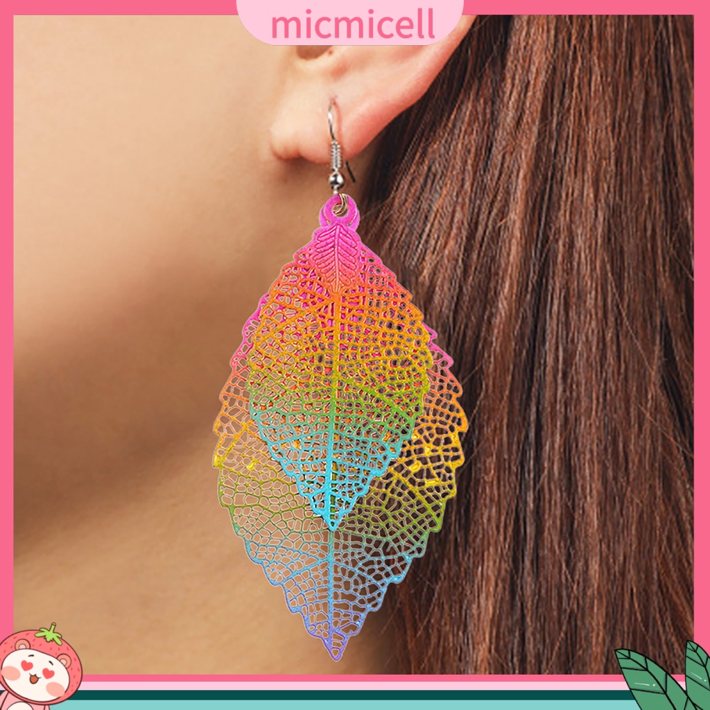 Micmicell| 1 คู่ ห้อย ต่างหู วินเทจ โบโฮ ขอบยาว กลวงออก ที่มีสีสัน ตกแต่ง ของขวัญวันเกิด ผู้หญิง สองชั้น ใบไม้ จี้ ต่างหู ตะขอ เครื่องประดับ อุปกรณ์