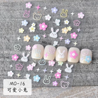 สติกเกอร์ติดเล็บ ลายดอกทิวลิป 5D สีรุ้ง กระต่ายน้อยน่ารัก ดอกไม้ ดาว แสงดาว แบบนูน