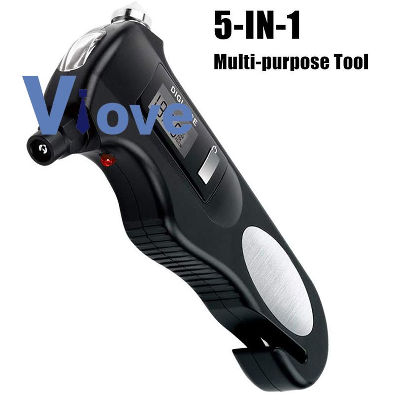 5-in-1 เครื่องวัดความดันลมยางดิจิทัล 150PSI พร้อมเครื่องมือกู้ภัย อเนกประสงค์ ไฟฉาย LED ที่เปิดขวด สําหรับรถยนต์ และรถจักรยานยนต์ ค้อนนิรภัยในรถยนต์