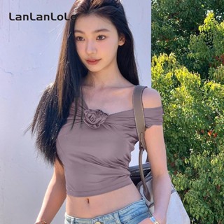 Lanlanlolo เสื้อกล้าม เปิดไหล่ ลายดอกไม้ สีพื้น สําหรับผู้หญิง 2023