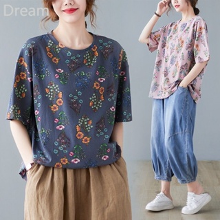 Floral short-sleeved T-shirt Womens large size womens casual literary loose slimming top