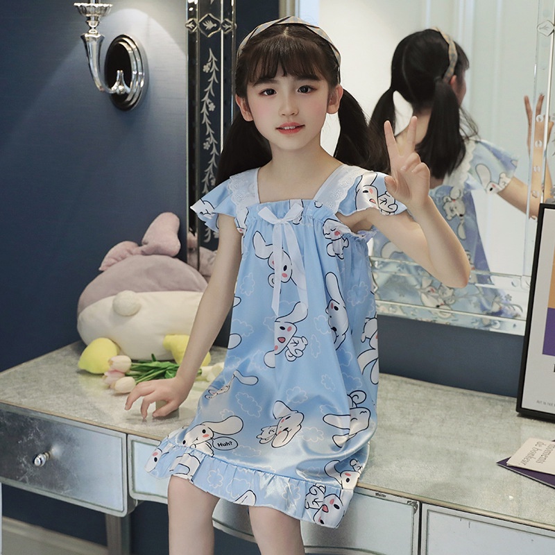 พร้อมสต็อก 95-150ซม ชุดนอนเด็กชุดการ์ตูนสาวขนาดกลางขนาดเล็กลูกไม้ คล้องคอ น่ารักผ้าไหมน้ําแข็งชุดเจ้าหญิง