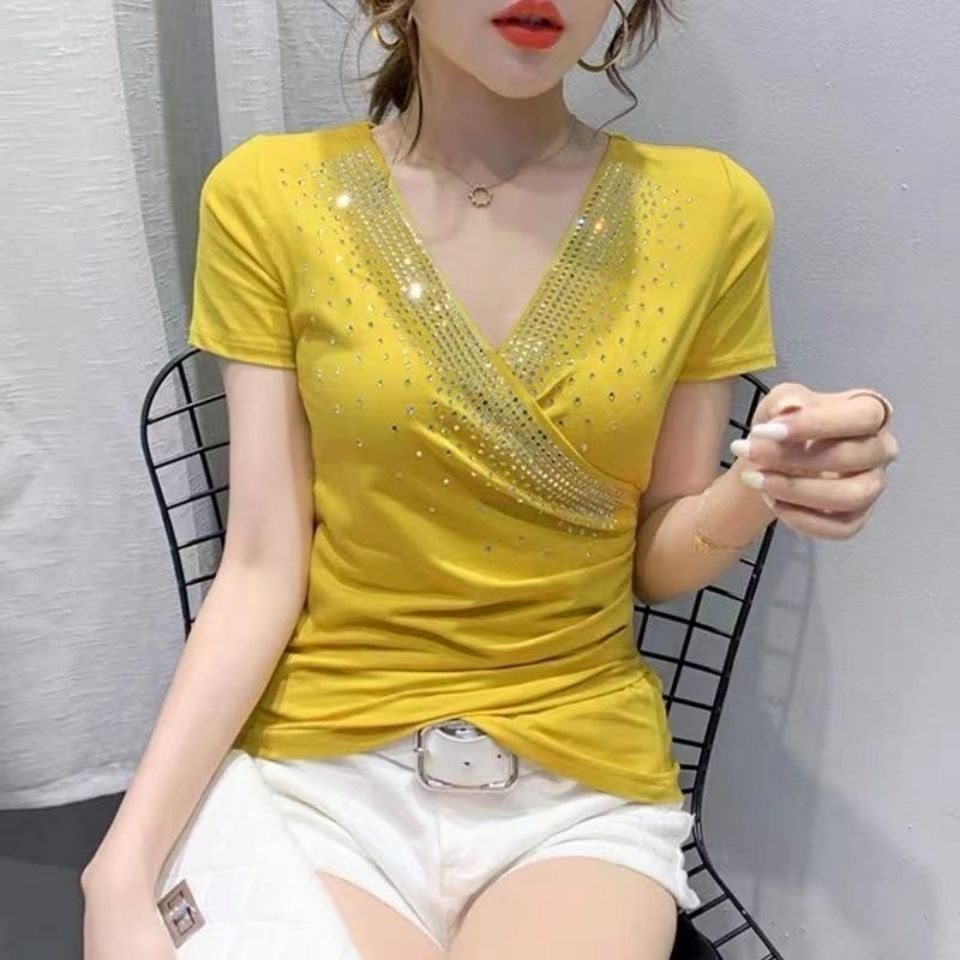[Fashion Recommendation] เสื้อแขนสั้น คอวี ผ้าฝ้ายแท้ ประดับเพชร สีพื้น ทรงสลิมฟิต แฟชั่นฤดูร้อน สําหรับผู้หญิง