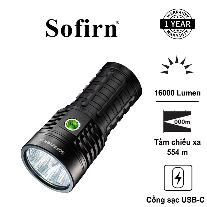 SOFIRN Q8 Plus ไฟฉายสว่างเป็นพิเศษ ความสว่าง 16000 ลูเมน ระยะทาง 554 ม. พร้อมแบตเตอรี่ 21700 3 ก้อน