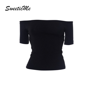 Sweeticme ใหม่ เสื้อยืดลําลอง แขนสั้น เปิดไหล่ เปิดหลัง เซ็กซี่ สีพื้น แฟชั่นสําหรับสตรี 2023