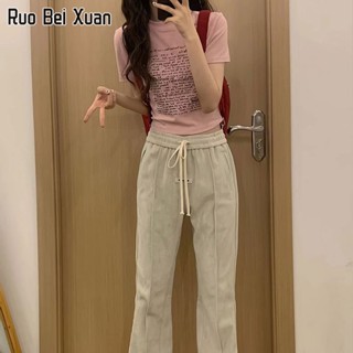 RUO BEI XUAN เสื้อยืดสตรีสไตล์เกาหลีใหม่พิมพ์ลายทรงครอปท็อป