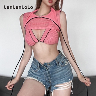 Lanlanlolo เสื้อยืดลําลอง แขนกุด คอปก เข้ารูป สีตัดกัน แฟชั่นสําหรับสตรี 2023