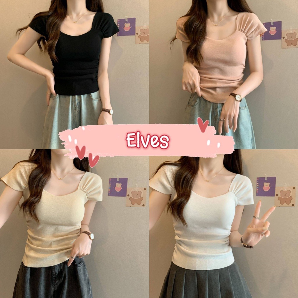 Elves พร้อมส่ง เสื้อไหมพรมแขนสั้น สีพื้นใส่สบายืดตามตัว ~31019~ -C