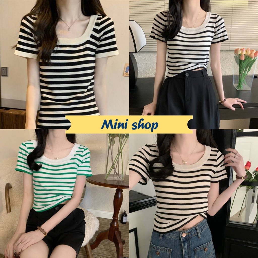 ซื้อ Mini shop🌸พร้อมส่ง🌸 (88618) เสื้อไหมพรมแขนสั้น คอกลม ดีเทลลายทางคิ้วๆ เสื้อยืดผู้หญิง  -C