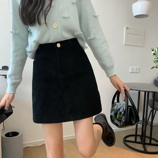 พร้อมส่ง กระโปรงสั้น ทรงเอ ผ้าลูกฟูก มีซับใน แฟชั่นสไตล์ มินิมอล
