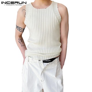 Incerun เสื้อกล้าม ผ้าถัก ลายทาง แบบหนา สีพื้น