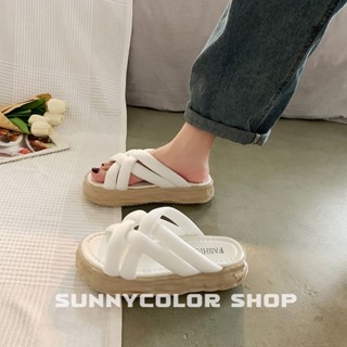 SUNNYCOLOR ผู้หญิง รองเท้าสลิปเปอร์ รองเท้าส้นหนาๆ รองเท้าแฟชั่นหญิง รองเท้าหัวโต สินค้ามาใหม่ B28G0FA 促销价189