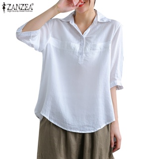 Zanzea เสื้อเชิ้ตแขนสามส่วน ลําลอง สีพื้น สไตล์เกาหลี สําหรับผู้หญิง