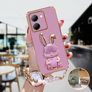 เคสโทรศัพท์มือถือ ลายการ์ตูนกระต่ายน่ารัก 3D พร้อมสายคล้องมือ และที่ตั้งวาง สําหรับ VIVO Y36 V27 Y02A X90 Pro iQOO Z7 Z7x 5G 4G 2023 VIVOY36