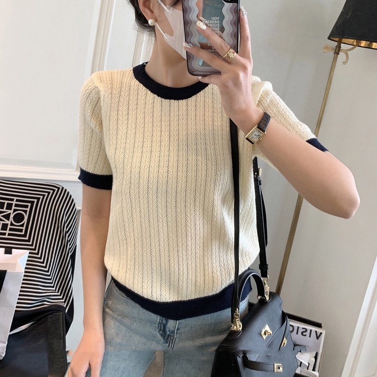 Balamy เสื้อยืดคอกลม แขนสั้น ผ้าถัก แบบบาง สไตล์ฮ่องกง แฟชั่นฤดูใบไม้ผลิ และฤดูร้อน สําหรับผู้หญิง