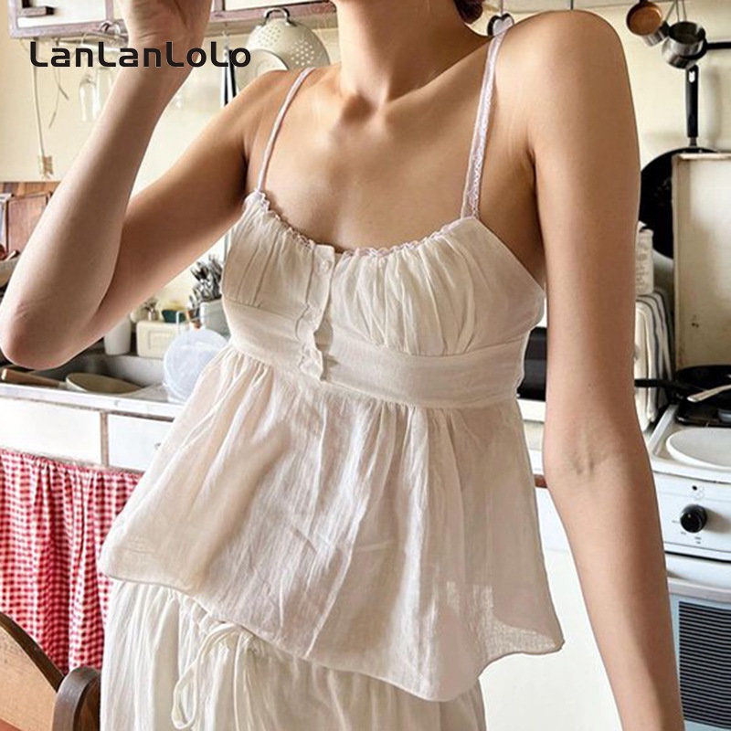 Lanlanlolo เสื้อสายเดี่ยวลําลอง จับจีบ เข้ารูป สีพื้น สําหรับผู้หญิง 2023