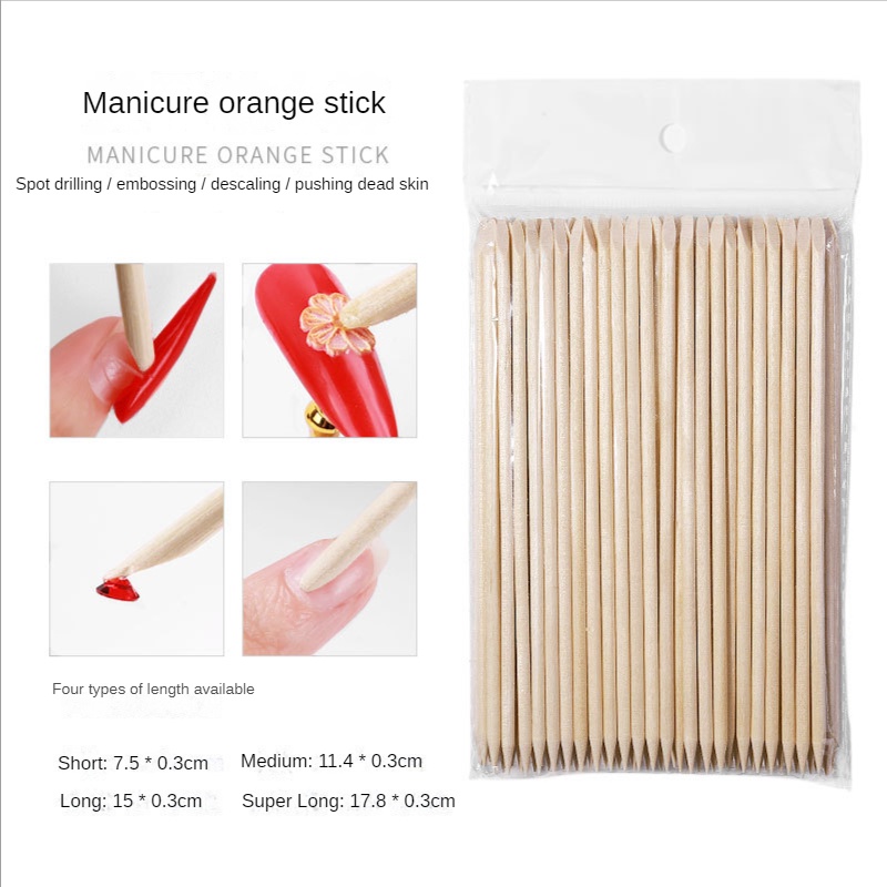 แท่งไม้สีส้มแต่งเล็บแบบสองด้าน 100 ชิ้น / ทำความสะอาดเล็บดันผิวหนังที่ตายแล้ว / แท่งกำจัดหนังกำพร้าเล็บ / เข้าถึงเครื่องมือกาวติดเล็บ