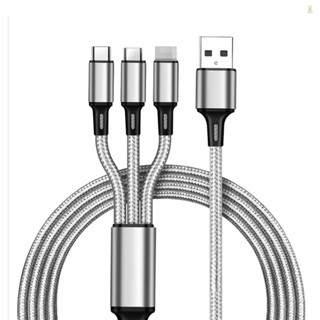 Flt 3-in-1 สายชาร์จไนล่อนถัก USB เข้าได้กับอุปกรณ์ i-Product Type-C Micro USB สีเงิน