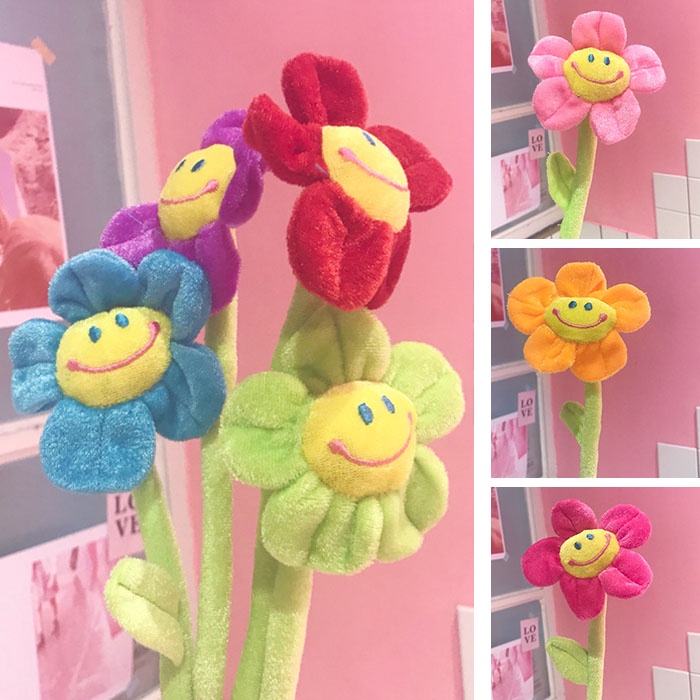 การ์ตูน Plush Sun ดอกไม้ Bendable Stems Smile Face ตุ๊กตาของเล่นตกแต่งบ้านผ้าม่านหัวเข็มขัดเด็ก Plush Bouquet ของขวัญ