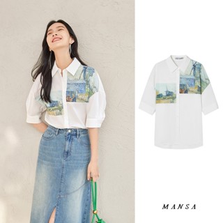 MANSA white printed shirt เสื้อ ผู้หญิง พิมพ์ลาย เกาหลี