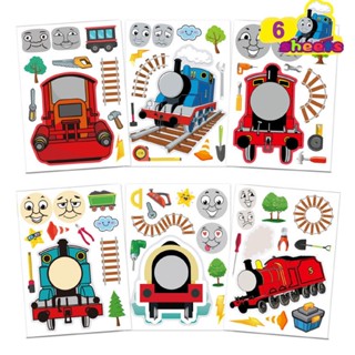 6 ชิ้น / ถุง Thomas &amp; Friends ธีมเด็ก DIY สติกเกอร์เกม Make A Face การ์ตูนประกอบจิ๊กซอว์เด็กของเล่นเพื่อการศึกษาสําหรับเด็กชายหญิง