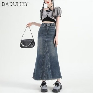 DaDuHey🎈 New Korean Style Ins Retro Washed Denim Skirt Niche High Waist A- line Skirt Large Size Bag Hip Skirt