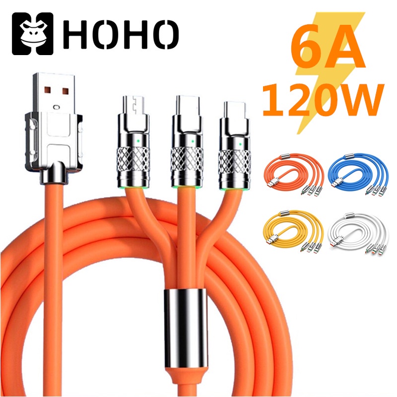 HOHOสายชาร์จซิลิโคนโลหะ ชุดสายชาร์จเร็ว⚡️3in1 TYPE C data PD Micro USB Android charging cable 120W ใช้สำหรับ iPhone