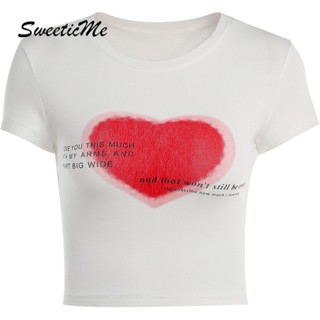 Sweeticme ใหม่ เสื้อยืดครอป คอกลม แขนสั้น พิมพ์ลายหัวใจ เรียบง่าย แฟชั่นสําหรับผู้หญิง 2023