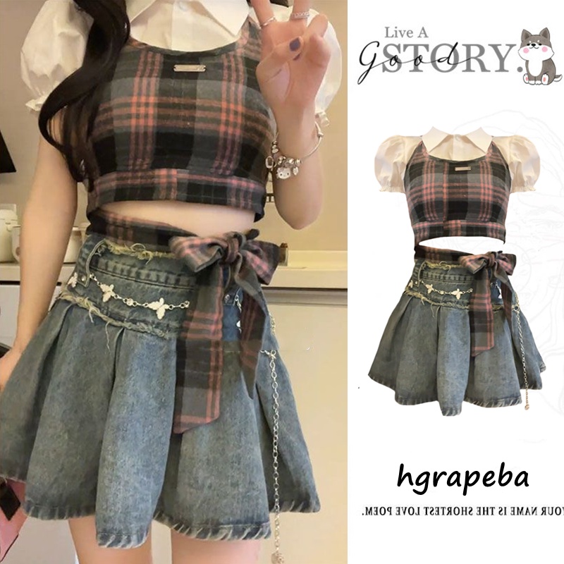 ชุดเซท3ชิ้น เสื้อแขนพอง+เสื้อกั๊ก+กระโปรงพลีท สไตล์เกาหลี พริ้วสวยใส่สบาย ดีใส่กับอะไรก็