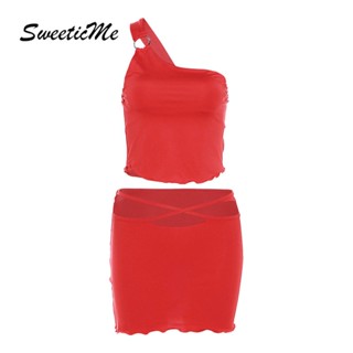 Sweeticme ใหม่ ชุดเสื้อครอป กระโปรงสั้น เซ็กซี่ สีพื้น แฟชั่นสําหรับสตรี 2023