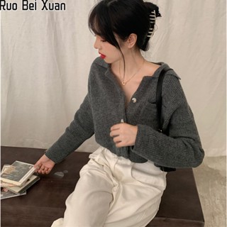 Ruo Bei Xuan เสื้อสเวตเตอร์ถักสไตล์ฮ่องกงใหม่สำหรับผู้หญิงเสื้อคาร์ดิแกนสตรีแบบครอบตัด