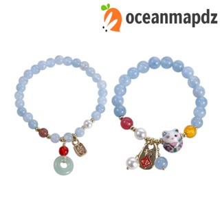 OCEANMAPDZ สร้อยข้อมือ ประดับลูกปัด จี้คริสตัล รูปแมวนําโชค สีฟ้า แบบเรียบง่าย สไตล์จีน สําหรับผู้หญิง