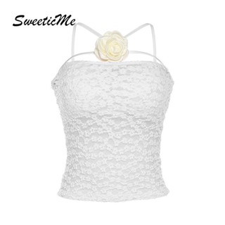 Sweeticme เสื้อกล้ามซีทรูเซ็กซี่ เปิดหลัง ลายดอกไม้ สีพื้น แฟชั่นสําหรับสตรี 2023