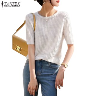 Zanzea เสื้อเบลาส์ คอกลม แขนสั้น สีพื้น แฟชั่นเกาหลี สําหรับผู้หญิง