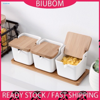 Biuboom กล่องปรุงรส ฝาพับ 250 มล. พร้อมช้อน เซรามิค เครื่องเทศ เกลือ น้ําตาล เครื่องเทศ อุปกรณ์ครัว