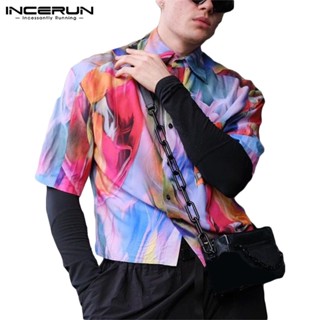 Incerun เสื้อเชิ้ตแขนสั้น พิมพ์ลายมัดย้อม หลากสี สไตล์วินเทจ สําหรับผู้ชาย