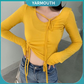 Yyr-- เสื้อครอปท็อปแขนยาว แบบผูกเชือก สีพื้น สําหรับผู้หญิง