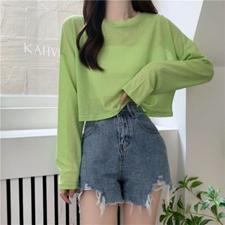 เสื้อยืดแขนยาว ป้องกันแดด ทรงหลวม แบบบาง เข้ากับทุกการแต่งกาย แบบเรียบง่าย สําหรับผู้หญิง