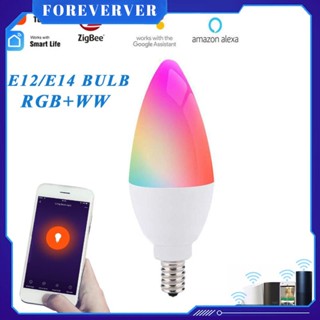 E12/E14 Tuya Zigbee 3.0 หลอดไฟสมาร์ทเทียน RGBCW 5W หลอดไฟ LED สมาร์ท APP ควบคุมความสว่างที่ปรับได้รองรับการควบคุมด้วยเสียง fore