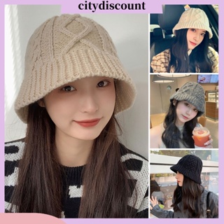 &lt;citydiscount&gt; หมวกบักเก็ต ผ้าถัก ป้องกันแดด สีพื้น แฟชั่นฤดูใบไม้ร่วง ฤดูหนาว สําหรับผู้หญิง