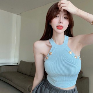 เสื้อกล้าม เปิดไหล่ แต่งกระดุม สีพื้น สําหรับผู้หญิง